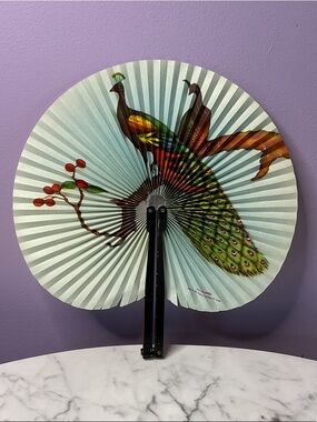Vintage Handheld Folding Fan with Peacock Design - Light Blue & Green